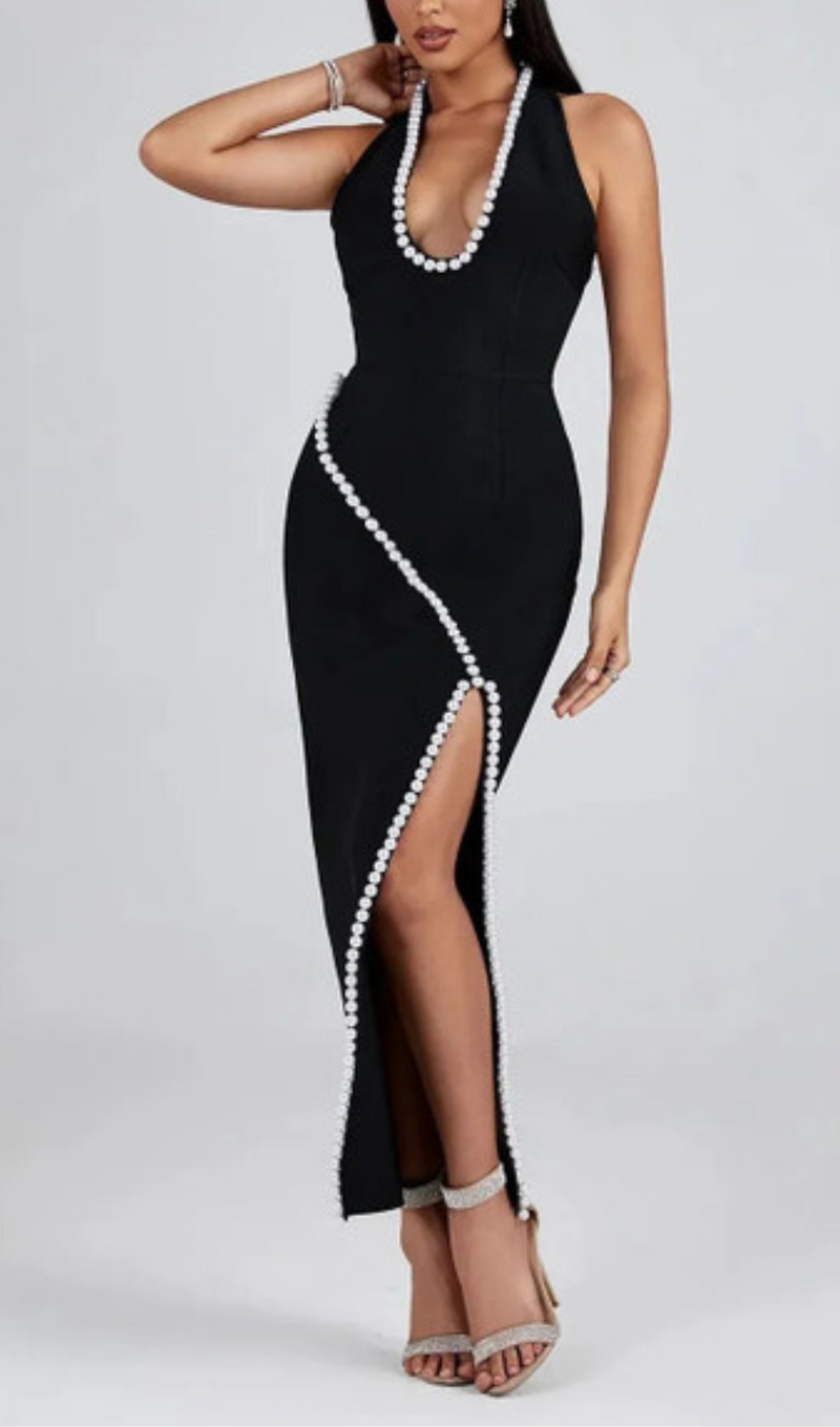 BLACK V NECK SLIT PEARL MIDI DRESS