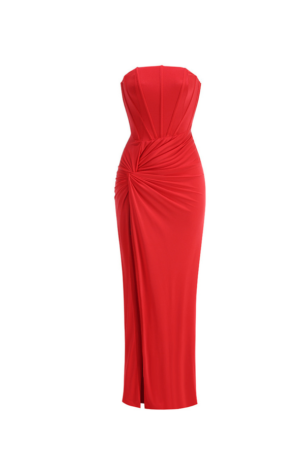pleated strapless high slit maxi dress in red