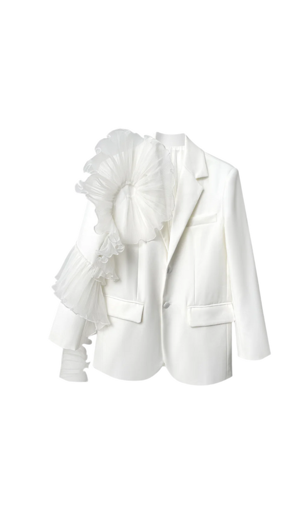 POLLY RUFFLE DETAIL LONG SLEEVE BLAZER IN WHITE