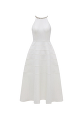 Sleeveless halter neck with diamond midi dress in white