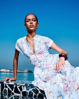 multicolor floral print a-line midi dress