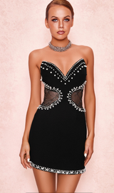 Symmetrical tulle pearl embellished mini dress in black
