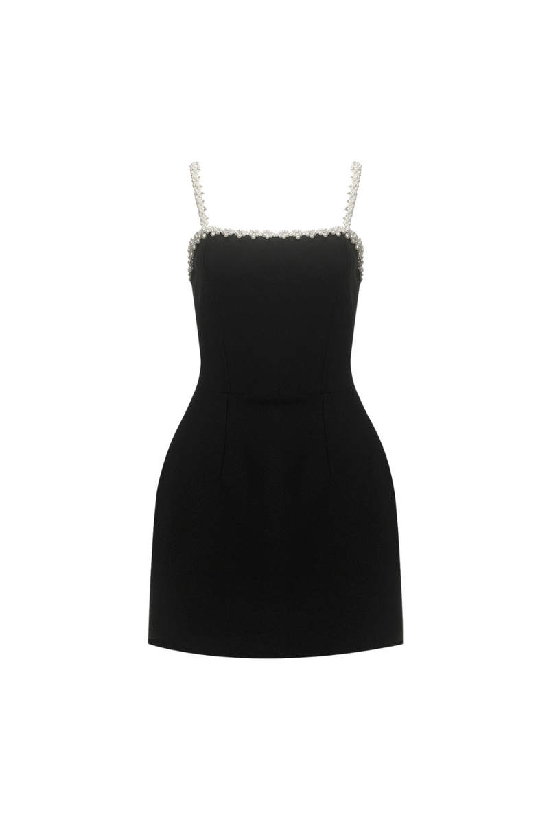 pearl embellished strap mini dress in black