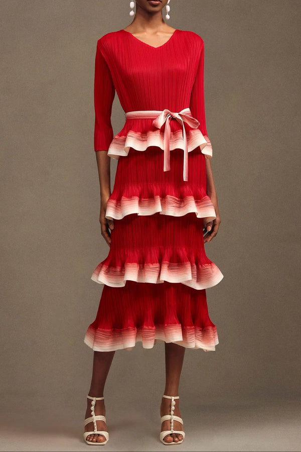 victoria Pleated Round Neck Long Sleeve Falbala Woven Maxi Dress in red