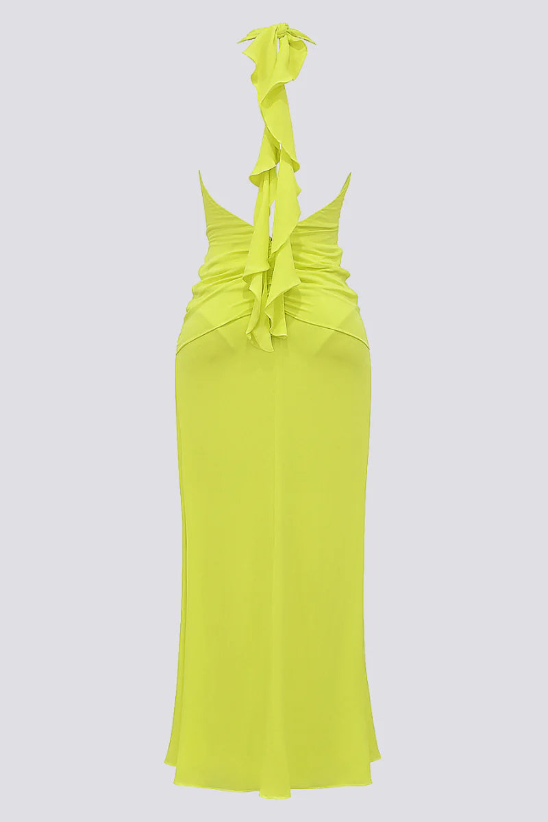 maéva halter neck slit plunge neck maxi dress in green