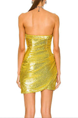 hedwig sequin pleated strapless mini dress in gold