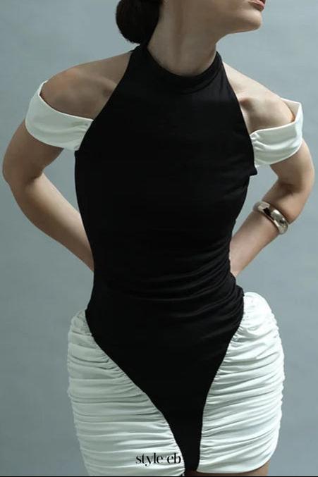 black-white Panel Sleeveless Gathered Halter mini Dress