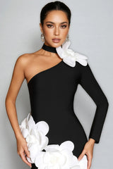 gemma One Shoulder 3D Flower Bandage Maxi Dress in black