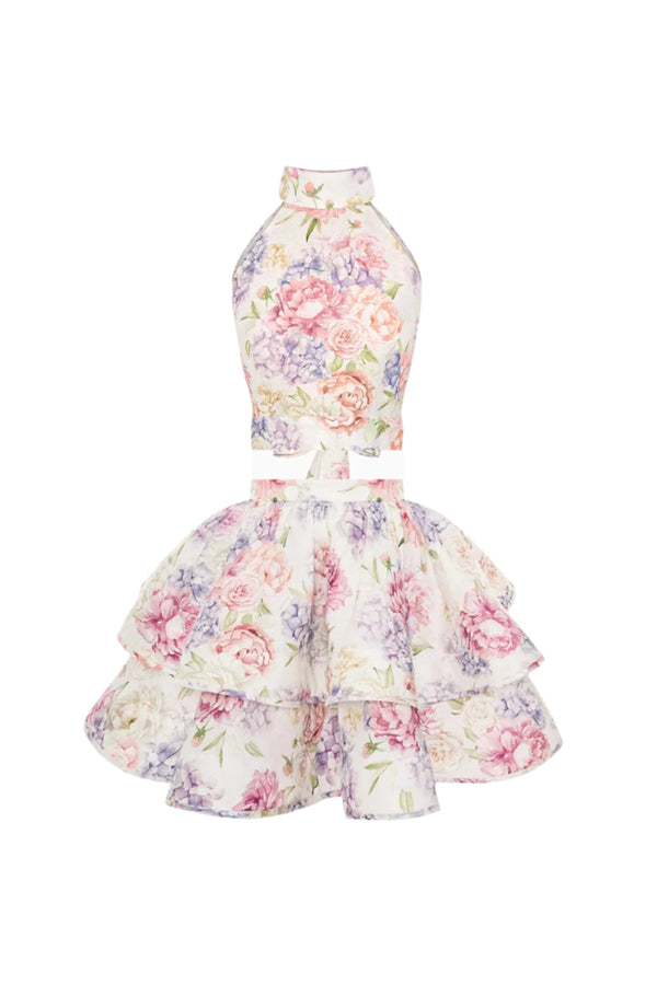 jessica printed backless halter top skirt set in pink