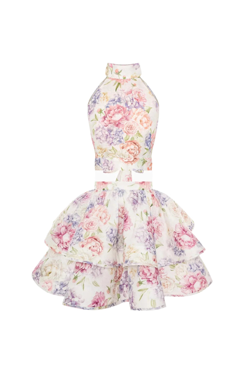 jessica printed backless halter top skirt set in pink