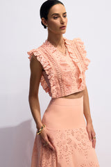 bonnie V-neck Embroidery Crop Top & Skirt Set in orange