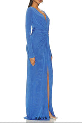 virginia blue pleated long sleeve high slit maxi dress