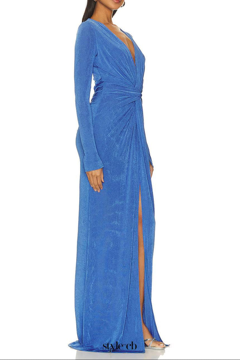 virginia blue pleated long sleeve high slit maxi dress