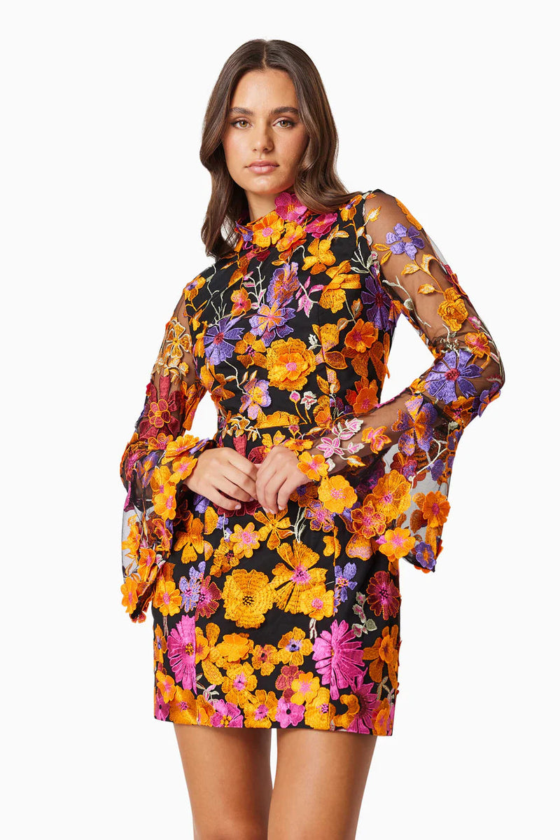 multi orange Flower embroidered long sleeves mini dress