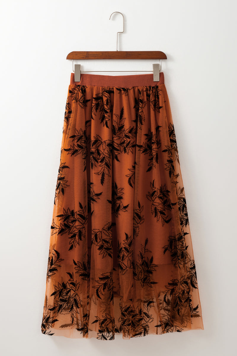 Apricot Floral Leaves Embroidered High Waist Maxi Skirt