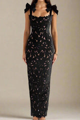 hermosa Bow Strap Embroidered Lace Maxi Dress in black
