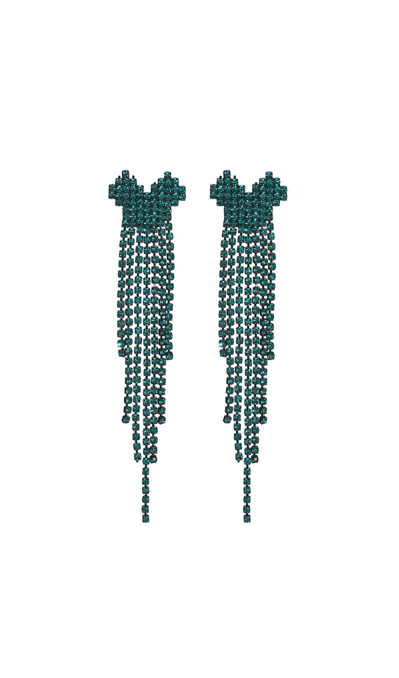 Dahlia Green Rhinestone Heart Tassel Earrings