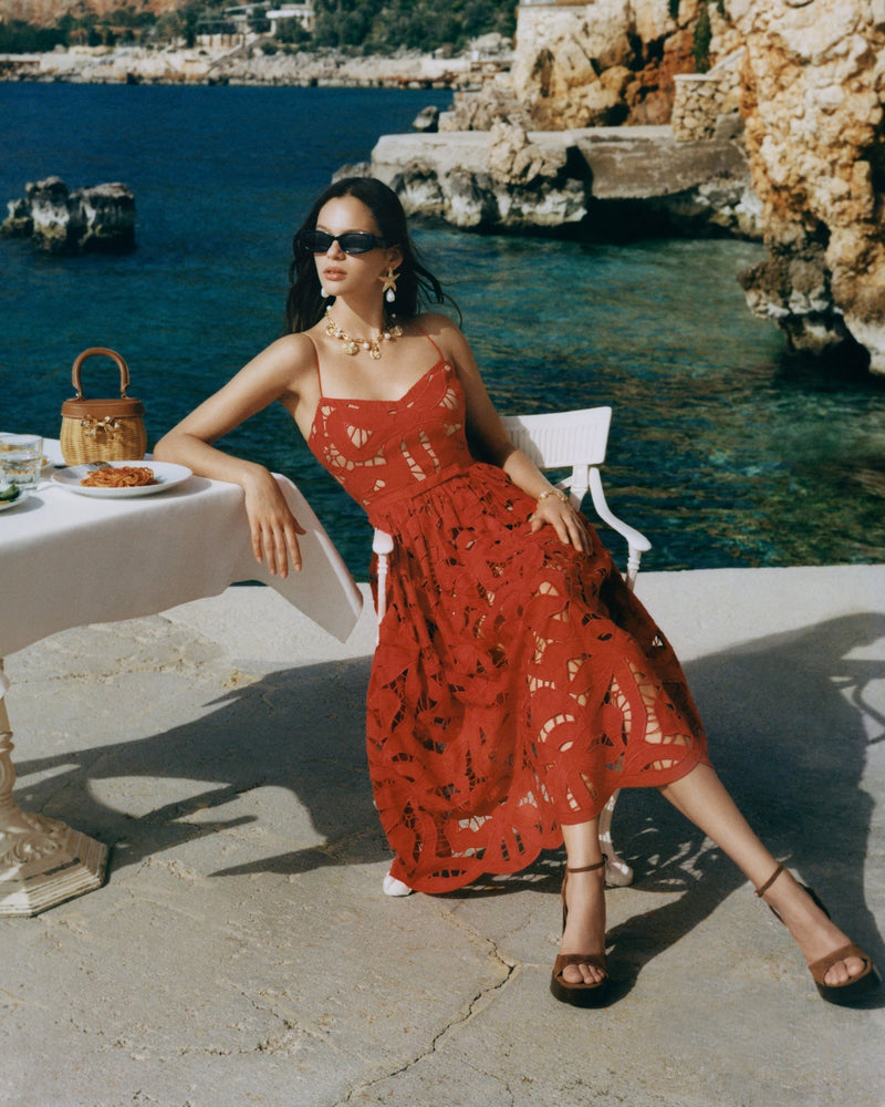 wendy Red Bow Embroidered Midi Dress