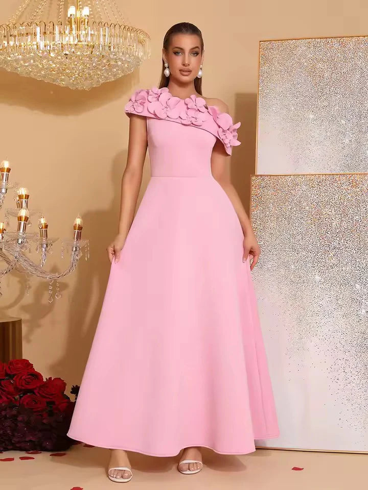 cynthia Flower Slanted Collar maxi Dress in pink