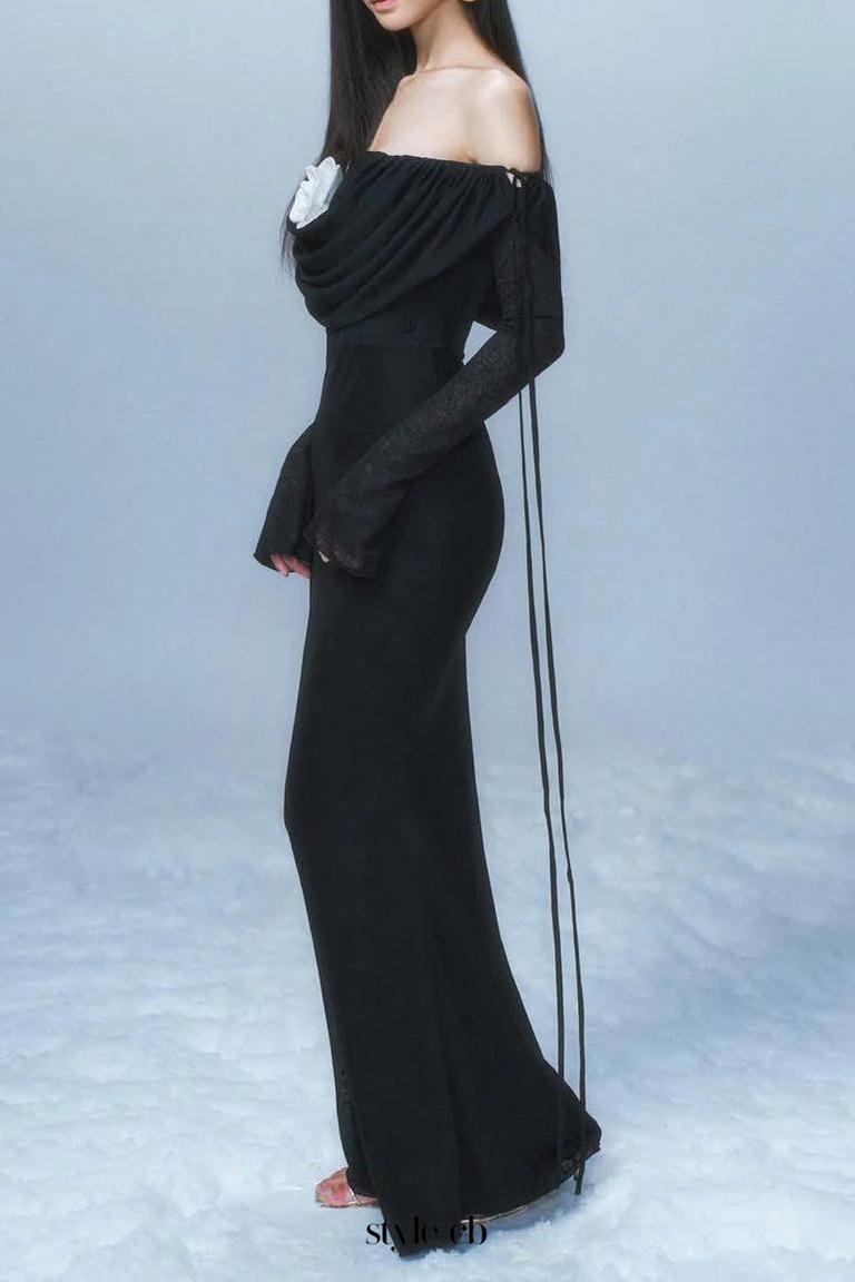 lila flower embellished pleated strapless maxi dress in black