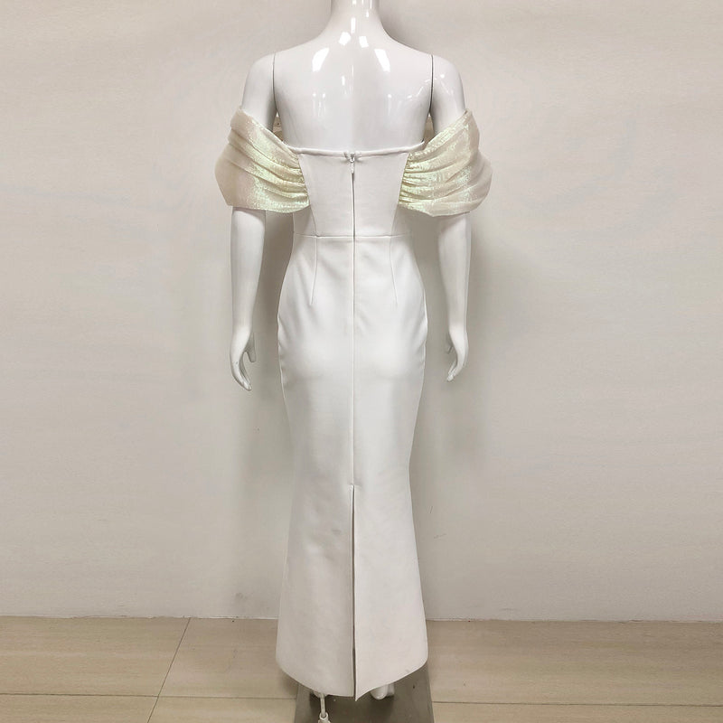 Off-Shoulder pearl embellished bodycon maxi dress in white