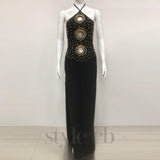 embellished cut out halter maxi dress in black