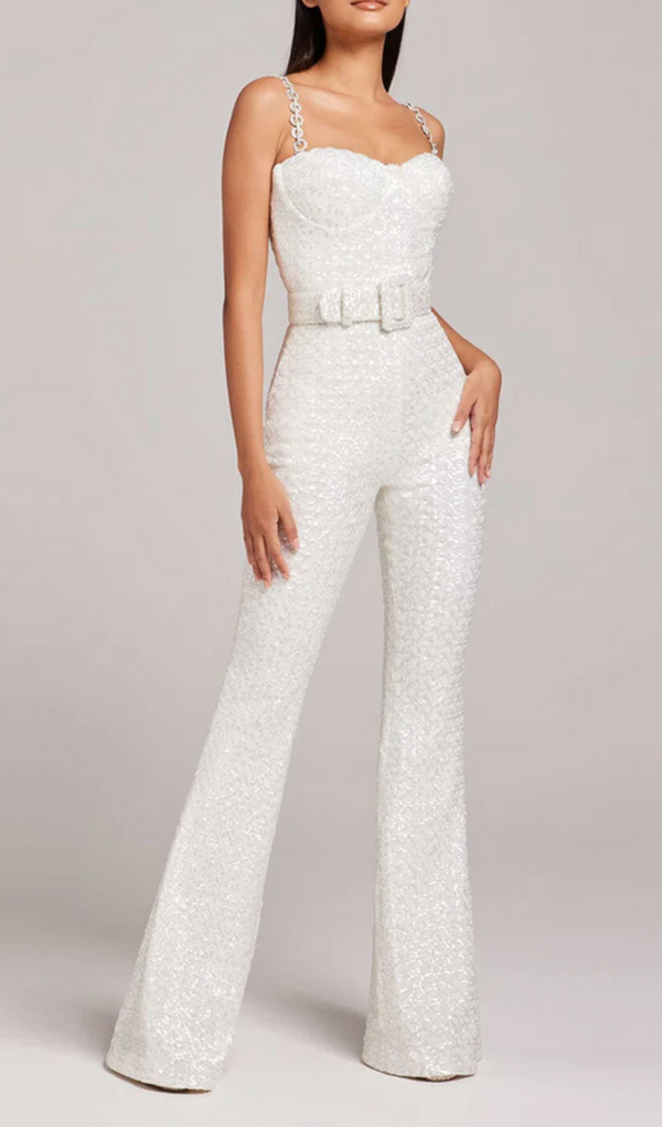 JACQUARD DIAMANTE STRAP FLARED JUMPSUIT WITH BELT