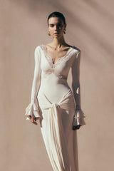 pamela V-neck lace see-through maxi dress in white