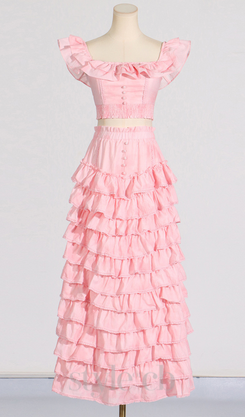 CATHY MULTI-LAYER RUFFLE MAXI DRESS SUIT IN PINK