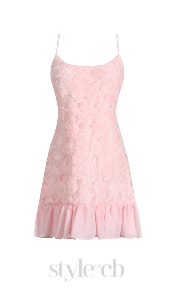 FLORAL APPLIQUÉ PLEATED HEM MINI DRESS IN PINK