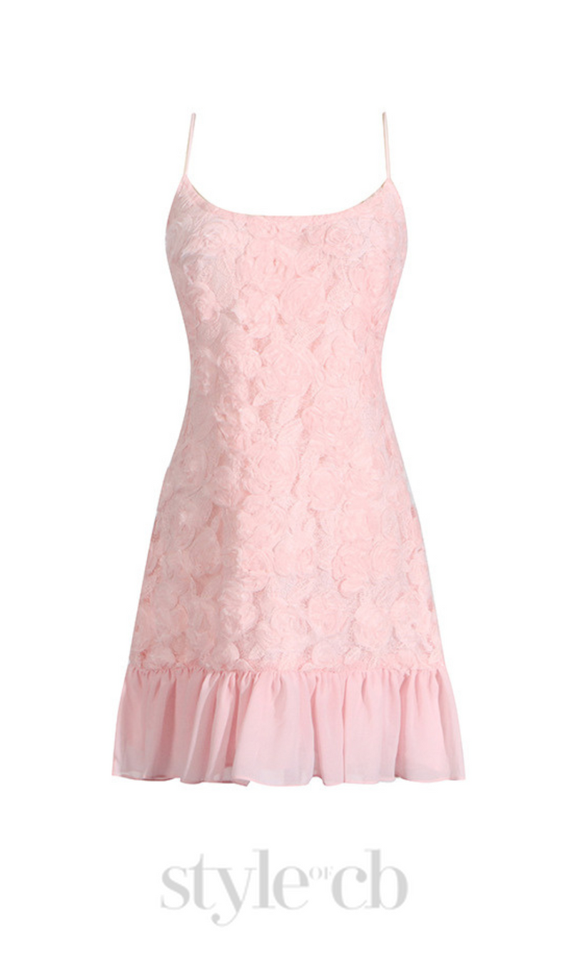 FLORAL APPLIQUÉ PLEATED HEM MINI DRESS IN PINK