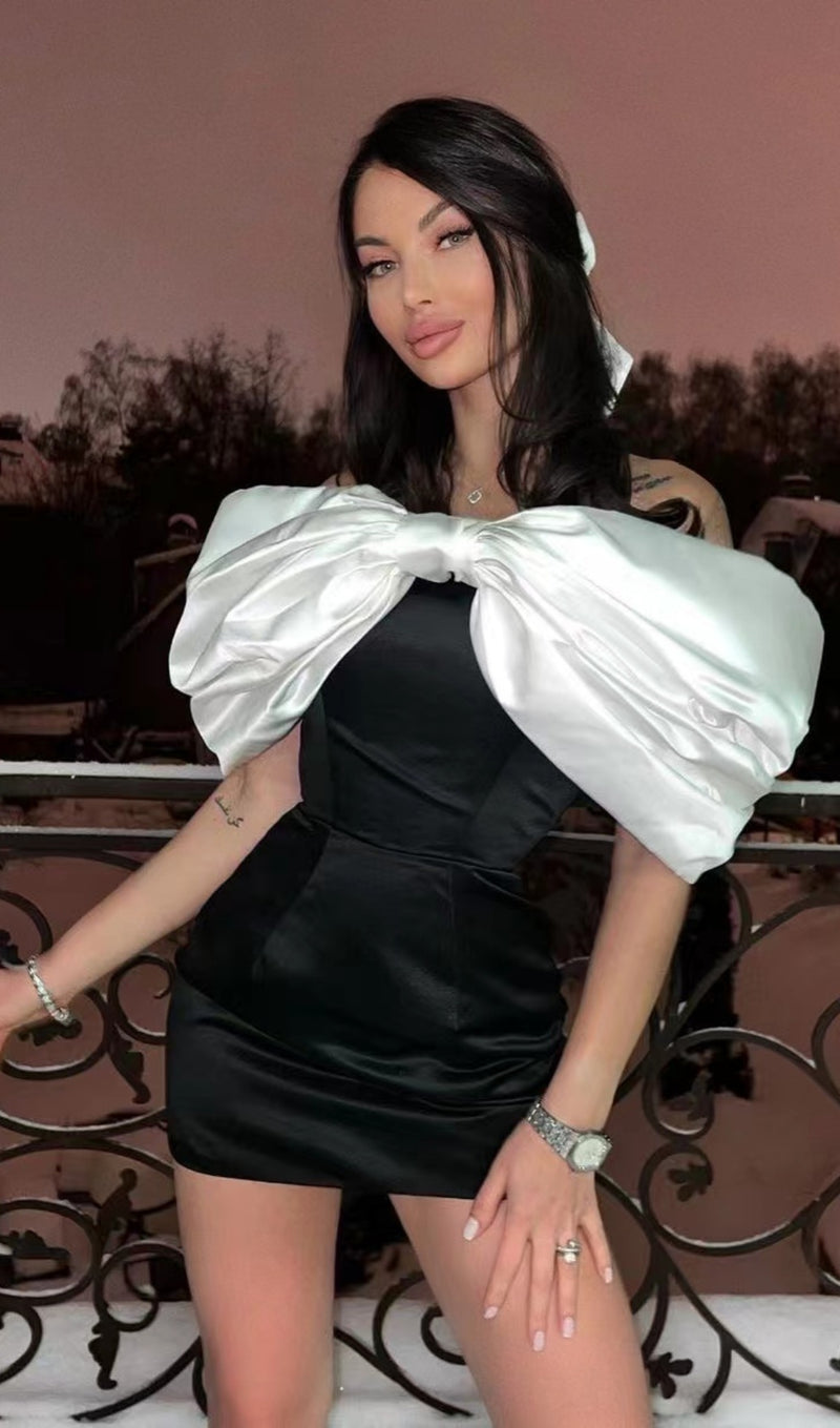 SATIN PINK BOW OFF SHOULDER MINI DRESS IN WHITE