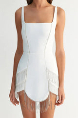 DIAMOND TASSEL BANDAGE MINI DRESS IN WHITE