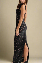 hermosa Bow Strap Embroidered Lace Maxi Dress in black