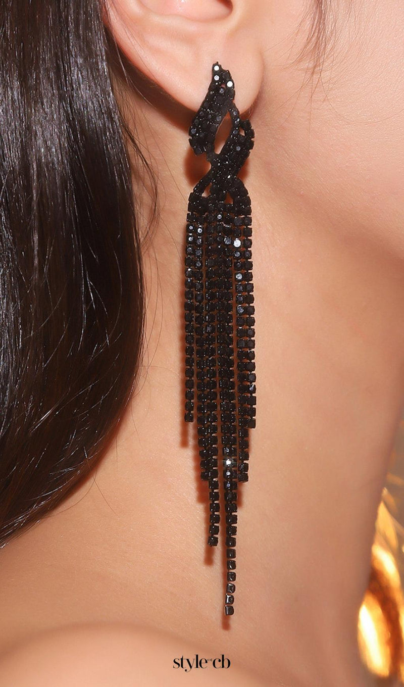 Dunya Black Rhinestone Tassel Earrings