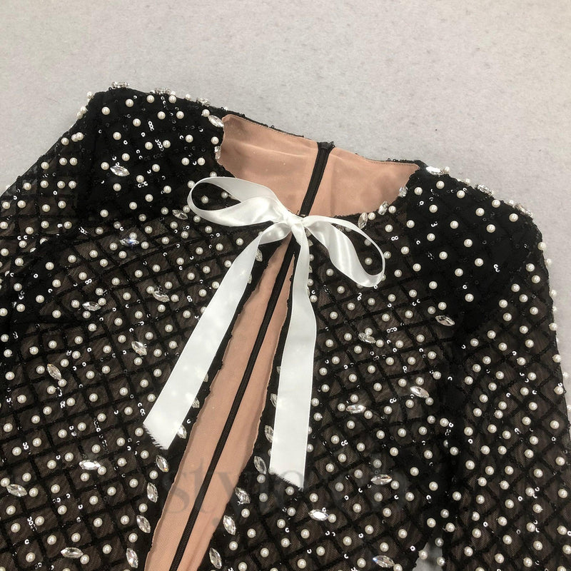 pearl embellished cut out bow mini dress in black