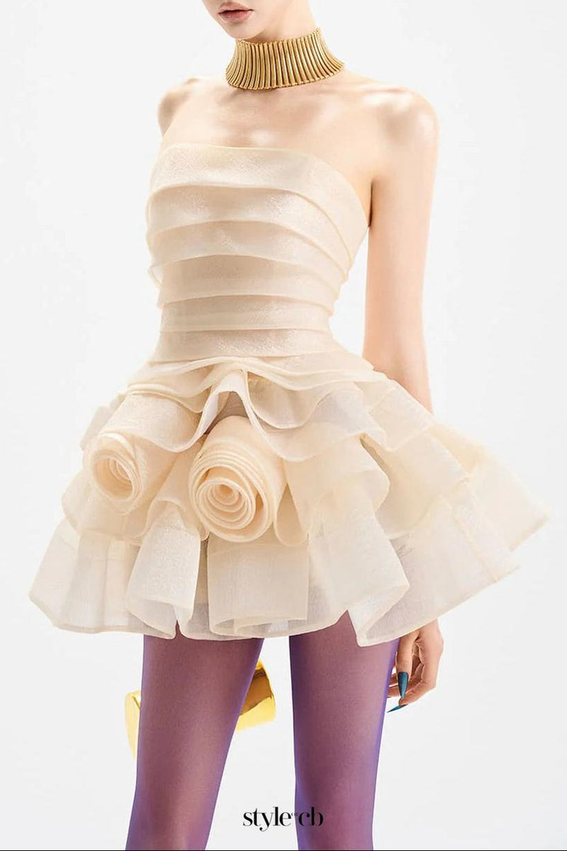 coral off-shoulder layer trim flower mini dress in apricot