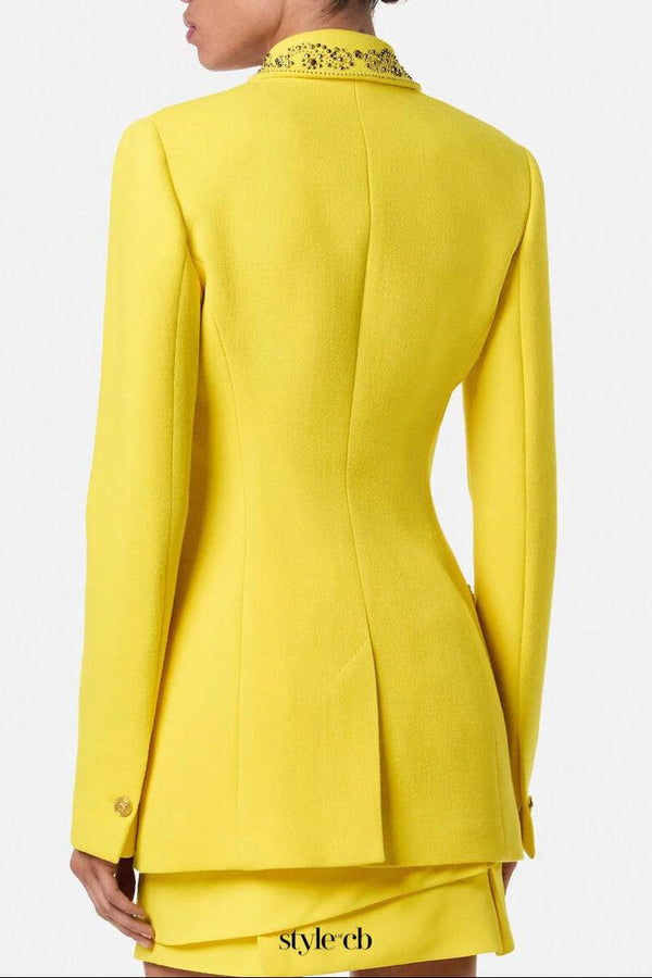 anila Studded Wool Fitted Single-Breasted Blazer in yellow