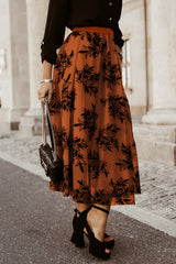 Apricot Floral Leaves Embroidered High Waist Maxi Skirt