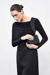 Mirabel A-line Back Slit Taffeta Midi Dress in black