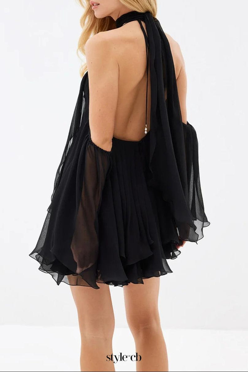 erica Halter Neck Lace-Up Backless Mini Dress - black