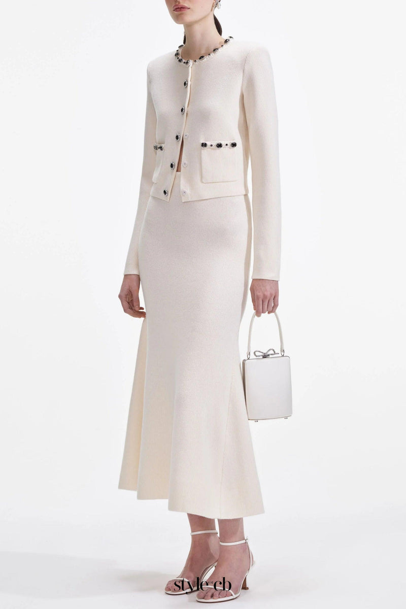 virginia Cream Embellished Cardigan skirt set