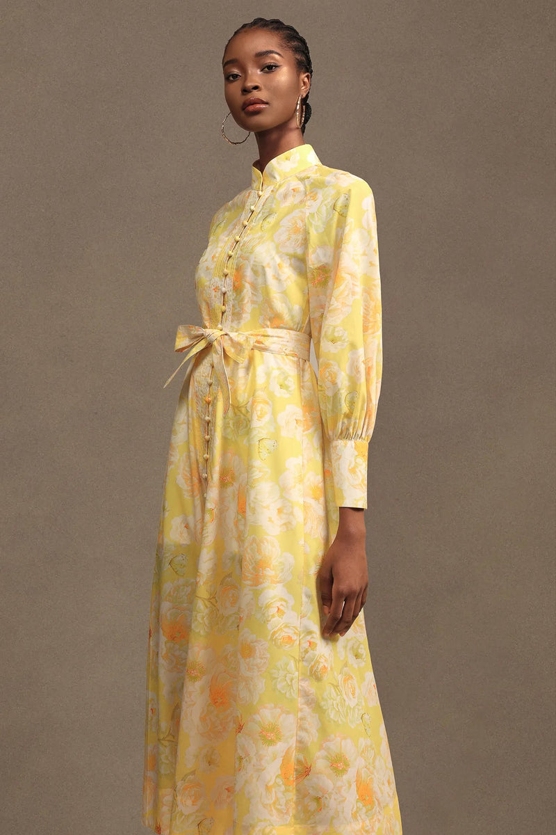 xaviera Long Sleeve Floral Printed Chiffon Maxi Dress in yellow
