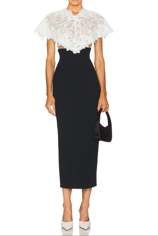 alice lace patchwork shawl bodycon midi dress in black