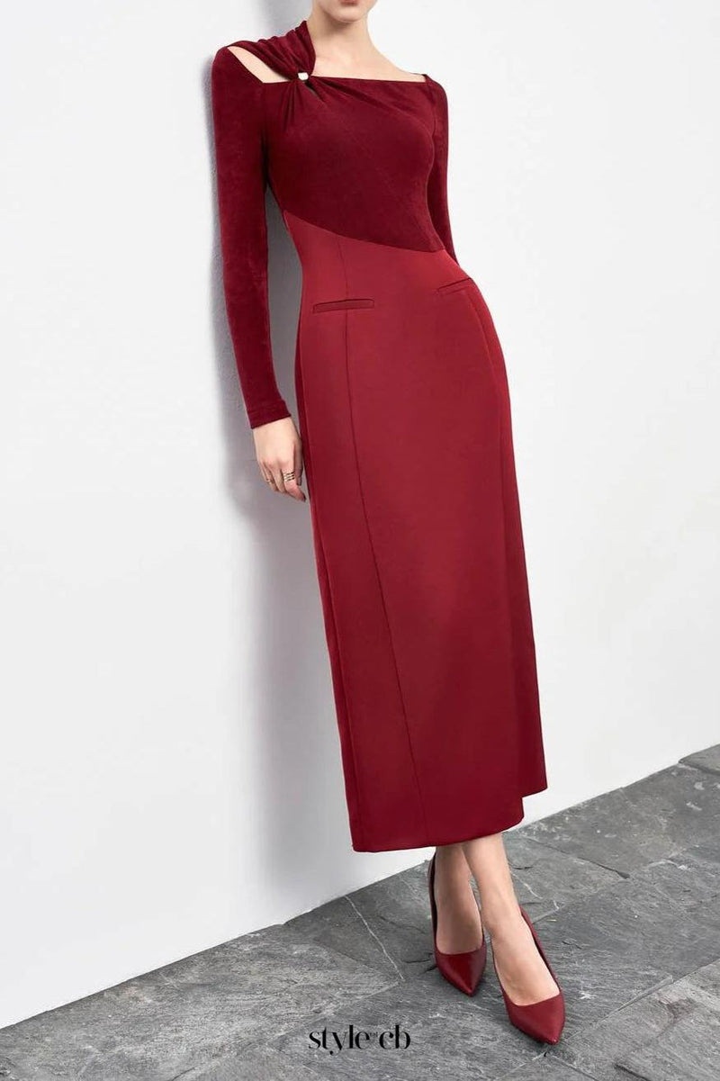 Eleanor Sheath Asymmetric Neck Taffeta Midi Dress in red