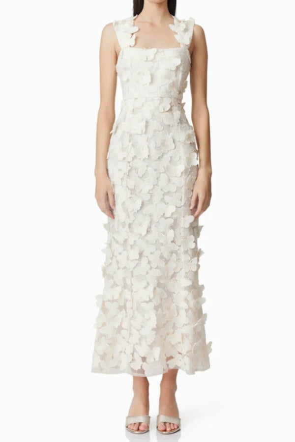 square neckline 3D flower embroidery Gown in White