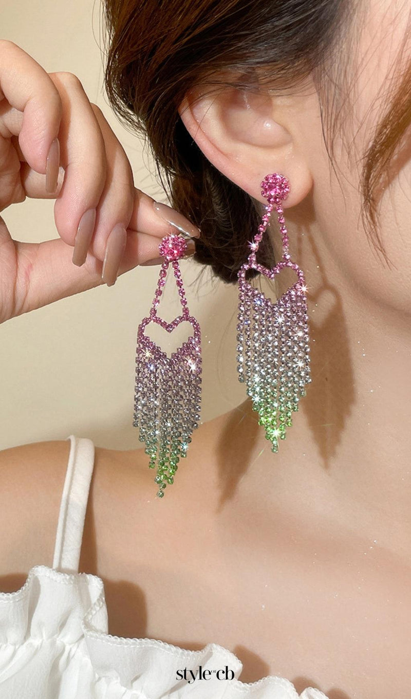 Demetra Rhinestone Heart Tassel Earrings
