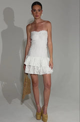 eyelet layered strapless mini dress in white