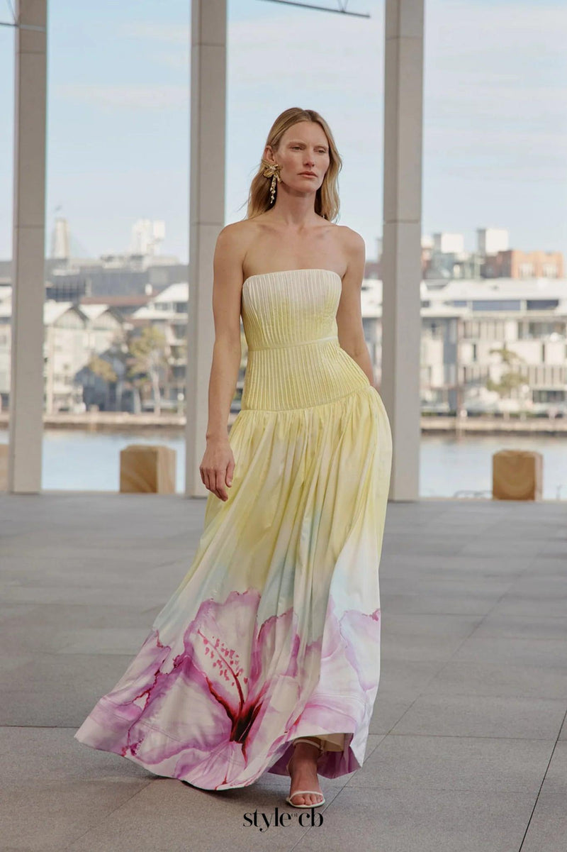 laurel Printed tube top maxi dress in gradient yellow
