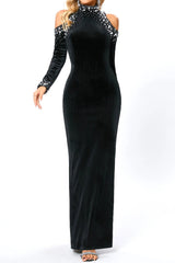 barbara sequin embellished long sleeve maxi dress in black